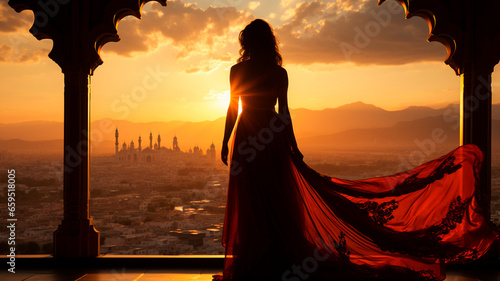 silhouette of muslim woman in traditional dress and hat at sunset