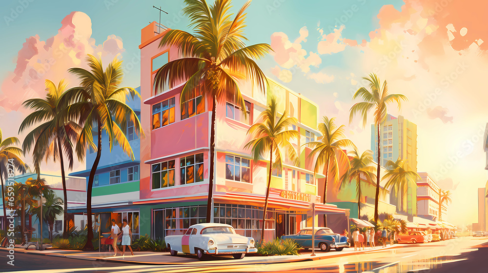 Obraz premium Illustration of a sunny day in an American resort town