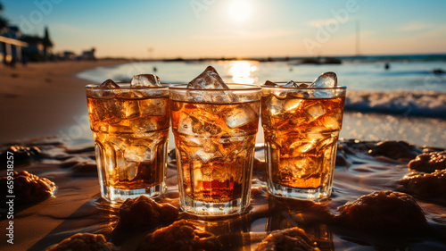 glass of cold drink with lemon, orange and ice on the beach