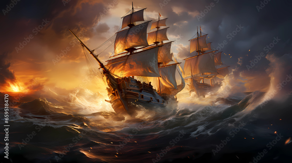 Illustration of a sailing ship in a storm - obrazy, fototapety, plakaty 