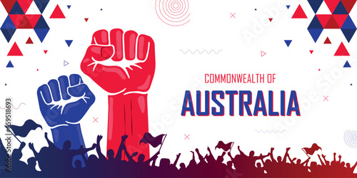 People cheer for Australia, nation flag color combination patriot banner, geometric abstract background, raised fist, human hand, national celebration, strike, parade, riot, protest or rally