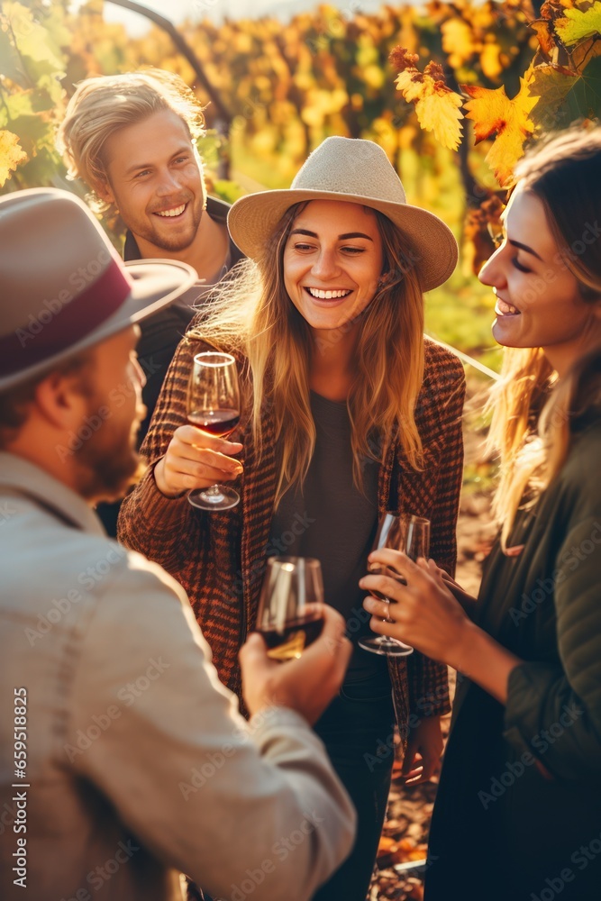 Close-up vertical photo of a young winemakers tasting their wine. Organic bio red wine outdoors in a vineyard with your friends. Tasting red wine with friends.