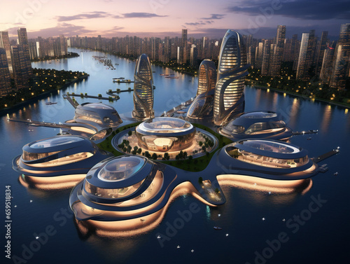 Aerial view of a futuristic floating city boasting innovative architecture and urban design concepts.