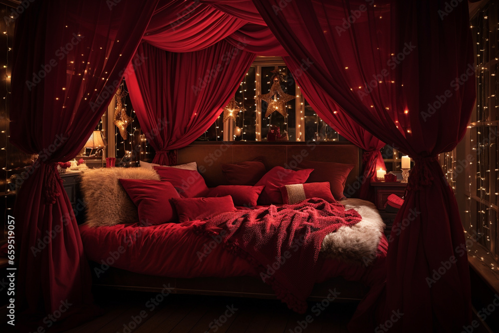 A charming bedroom with a canopy bed draped in rich red velvet, surrounded by walls adorned with twinkling fairy lights and plush reindeer-themed pillows. A charming bedroom with a canopy bed draped in rich red velvet, surrounded by walls adorned with twinkling fairy lights and plush reindeer-themed pillows.
