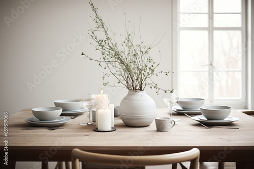 A Scandinavian-inspired dining room with a wooden table adorned with minimalist white porcelain tableware and a centerpiece of eucalyptus branches and silver candlesticks. 