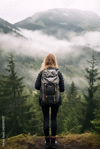 Escape from the bustle of the city and unity with nature. Female hiker enjoys the view of the summer mountains. Digital detox concept. Contemplation of nature alone with your thoughts. Vertical photo.