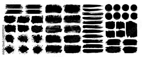 Vector black ink paint brush stroke, line, texture, box, frame and artistic design element. Grungy splash, splatter and paint brush silhouette for business. Torn or rip grunge paper for social media.