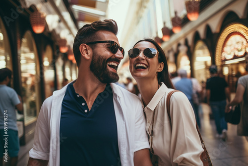 Beautiful couple in sunglasses laughs happily and walks through the streets of Dubai