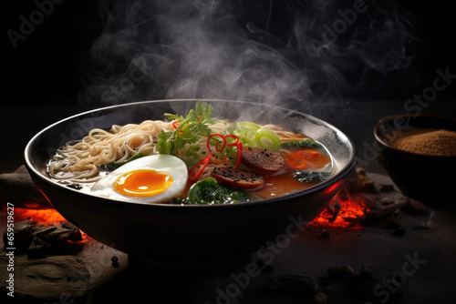Japanese ramen soup with noodles on dark background. Traditional Asian cuisine photo