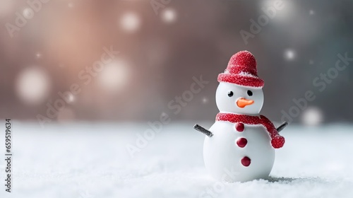 Merry christmas and happy new year greeting card with copy space, cute snowman for happy christmas and new year banner, Happy snowman standing in winter snow background © IlluGrapix