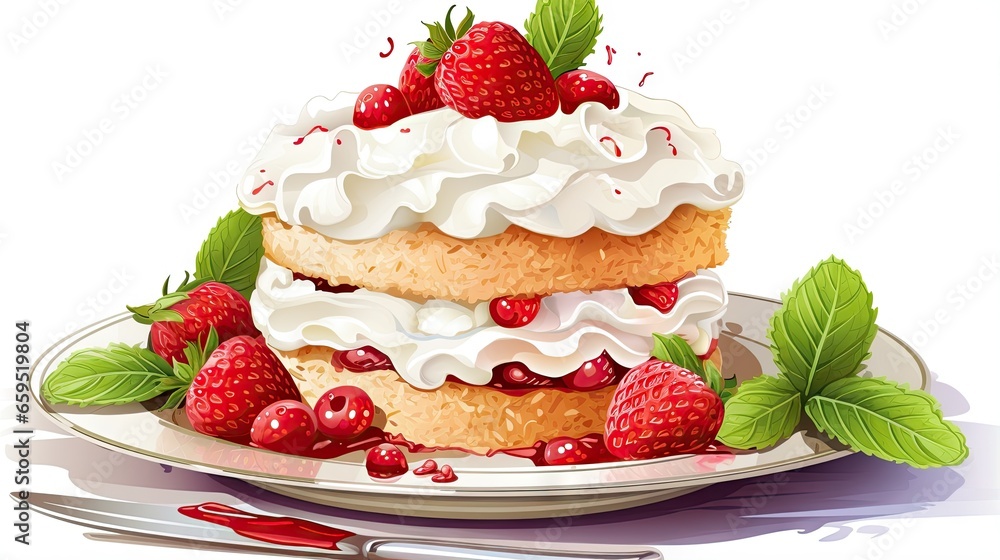 a cake with whipped cream and strawberries on a plate. generative ai a cake with whipped cream and strawberries on a plate. generative ai