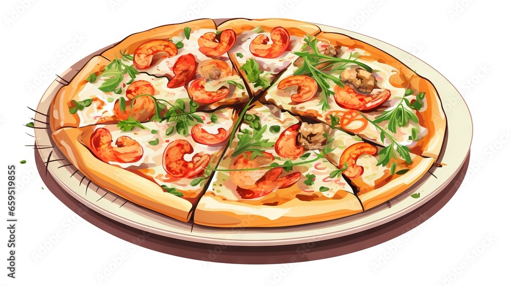 a pizza with several toppings cut into four slices on a plate.  generative ai