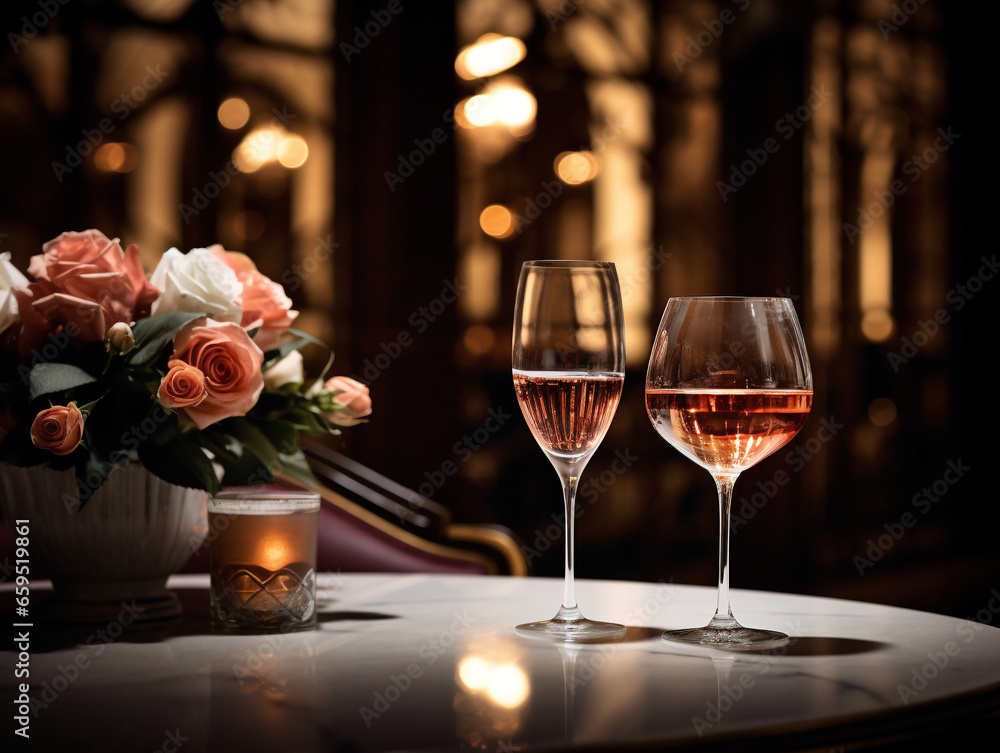 An elegant setup featuring a glass of wine or cocktails in a sophisticated ambiance. An elegant setup featuring a glass of wine or cocktails in a sophisticated ambiance.