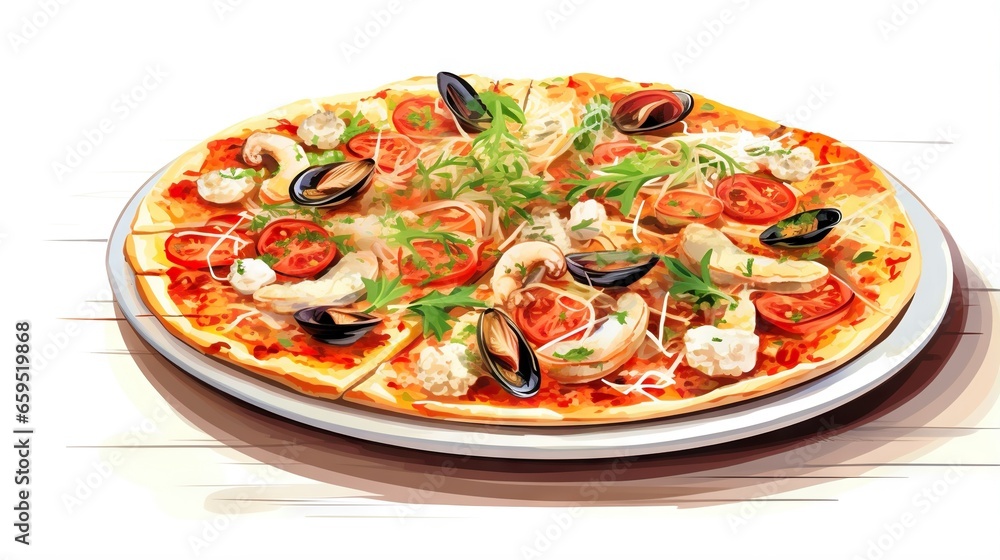  a pizza with seafood and vegetables on a plate on a table.  generative ai