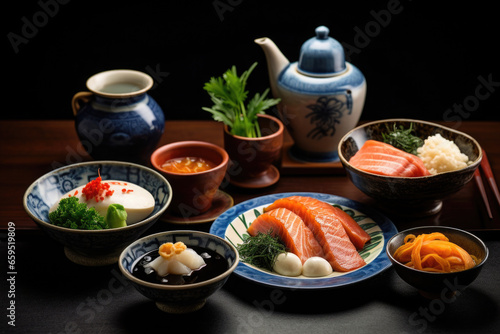 Traditional Japanese breakfast. Different Asian dishes on table