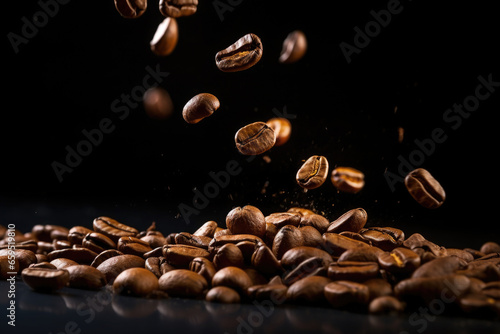 Brown roasted coffee beans on dark background, close up