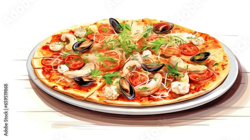  a pizza with seafood and vegetables on a plate on a table. generative ai