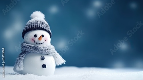 Merry christmas and happy new year greeting card with copy space, Happy snowman standing in winter snow background