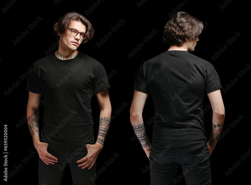 Man model with glasses wearing black blank t-shirt and black jeans over black background. Front and back view Man model with glasses wearing black blank t-shirt and black jeans over black background. Front and back view