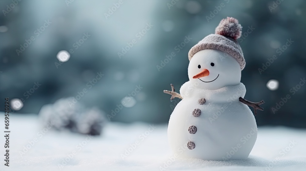 Merry christmas and happy new year greeting card with copy space, cute snowman for happy christmas and new year banner, Happy snowman standing in winter snow background
