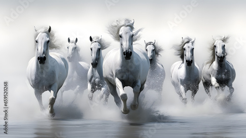 Several white horses are running near water, neon line