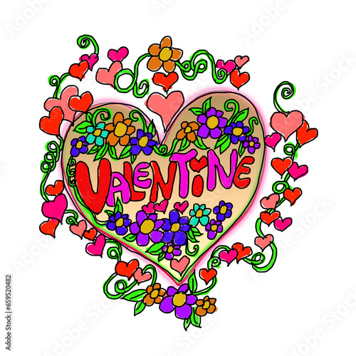 Valentine heart with flower ornaments on transparent background. Hand drawn