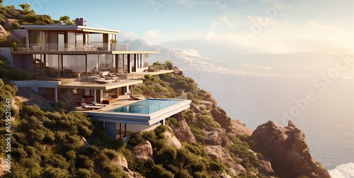 Large luxury modern villa house with swimming pool on mountain hill with sea view.Panorramic.AI Generative
