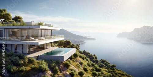 Panoramic view of mountain hill large luxury villa house with ocean view on sunny summer day.AI Generative © DenisMArt