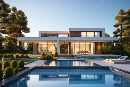 Minimalist cubic house exterior with swimming pool, modern country house, seaside holiday in modern villa © pundapanda