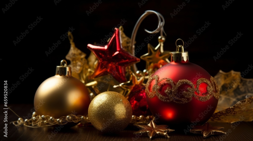 christmas decorating element object on dark shiny counter top greeting joyful season of celebrate and festive background