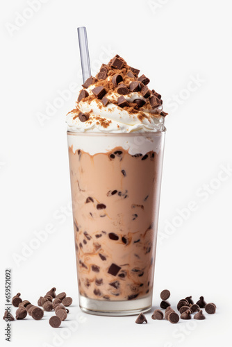Chocolate chip milkshake on white background