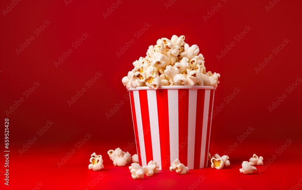 Popcorn bucket on red background with copy space