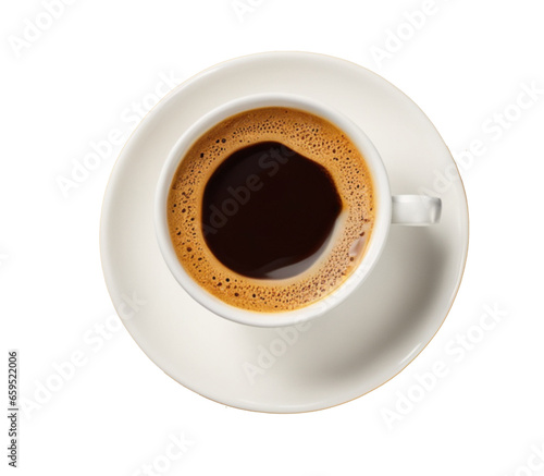 a cup of hot coffee on a white plate on a transparent background view from above