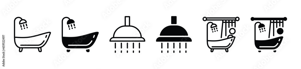 Bathroom icon. Bathtub, shower icon symbol in line and flat style. Bath room. Vector illustration - obrazy, fototapety, plakaty 