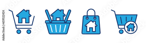 Shopping home icon set. Purchase or buying house icon. Cart trolley with home or house symbol. Editable stroke. Vector illustration
