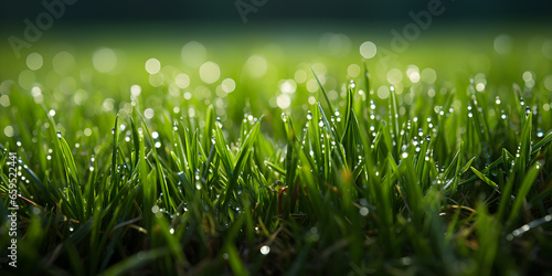 Close-up photo of the lawn with sparkling dew drops at night