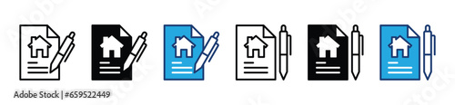 House contract agreement icons. Hand writing on home document. Real estate. Vector illustration