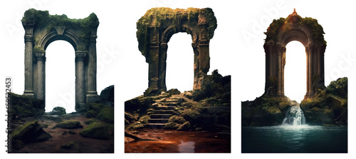 Fotografia Ancient green, roman, elf archway portal with tall arched columns in a lush fantasy jungle