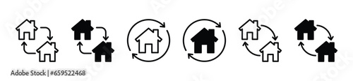 Home change icon. House in circular arrow. Home makeover. House and building sync icons. Real estate symbol for apps and websites. Editable stroke. Vector illustration