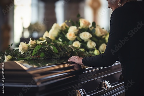 Closeup of a woman's hand placing a bouquet of white roses in a coffin.Funeral Concept