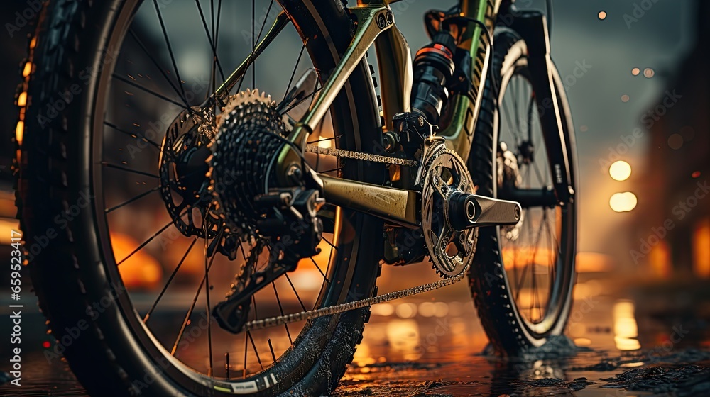 Fototapeta premium a bicycle parked on the side of a street at night. generative ai