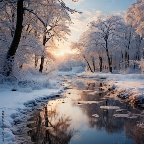 Tranquil winter snowy landscape with water and trees  © Marta N.