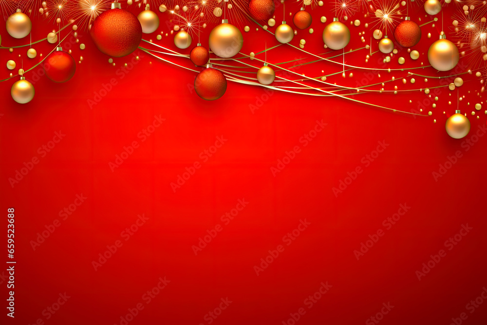 Christmas composition. Garland made of red balls and fir tree branches on red background. Christmas, winter, new year concept.Top view. copy space Christmas composition. Garland made of red balls and fir tree branches on red background. Christmas, winter, new year concept.Top view. copy space