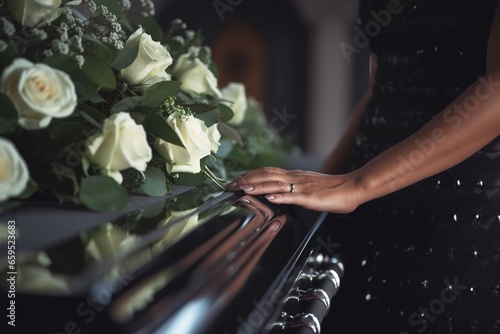 Closeup of a woman's hand placing a bouquet of white roses in a coffin.Funeral Concept