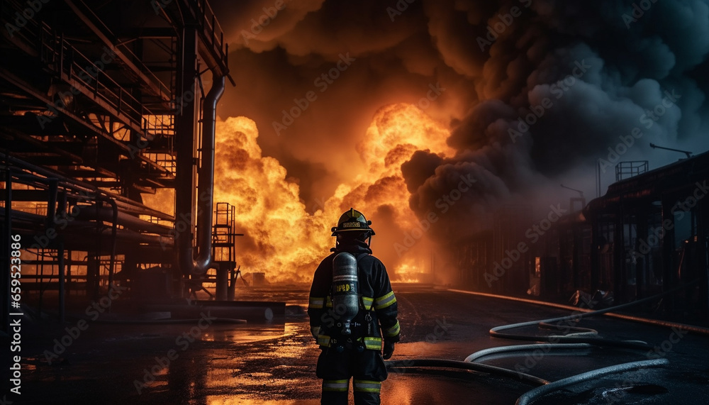Hardhat firefighter standing outdoors, battling dangerous flames at burning refinery generated by AI - obrazy, fototapety, plakaty 