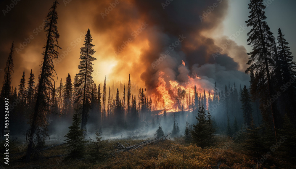Burning forest fire destroys natural environment, creating inferno of destruction generated by AI
