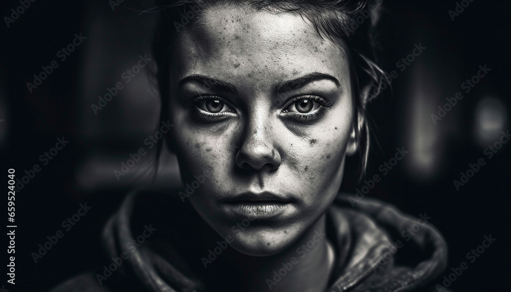 Young adult portrait of a sad, confident woman looking at camera generated by AI Young adult portrait of a sad, confident woman looking at camera generated by AI