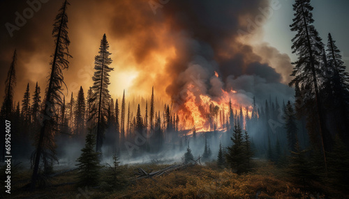 Burning forest fire destroys natural environment, creating inferno of destruction generated by AI © Stockgiu