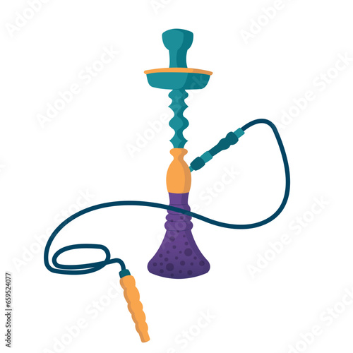 Hookah vector illustration. Cartoon blue hookah calabash with long pipe and purple glass bowl for water to smoke, traditional accessory for smoking in lounge bar. Isolated illustration.