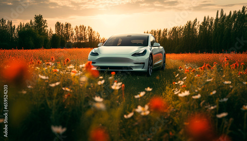 Driving sports utility vehicle through rural meadow at sunset generated by AI